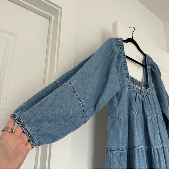Free People (XL) Lou Jean Babydoll Dress- Tiered Denim Long Sleeve Mini Dress - Picture 3 of 8